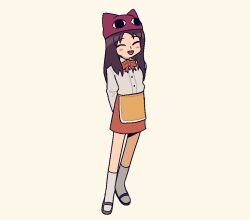  1girl :d ^_^ animal_hat apron arms_behind_back azumanga_daioh black_hair blush_stickers bow bowtie buttons cat_hat closed_eyes dot_nose dress_shirt full_body grey_shoes hashtag-only_commentary hat highres kasuga_ayumu long_hair long_sleeves miniskirt oeresund orange_skirt red_bow red_bowtie shirt shoes simple_background skirt smile socks solo standing straight_hair waist_apron white_shirt white_socks yellow_apron yellow_background 