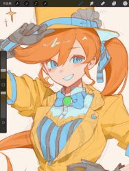  1girl ace_attorney alternate_costume art_program_in_frame athena_cykes black_gloves blue_bow blue_bowtie blue_eyes bow bowtie breasts brooch coat commentary_request gloves grin hand_on_headwear hand_on_own_hip hat highres house3122 jewelry lapels long_hair long_sleeves looking_at_viewer medium_breasts notched_lapels orange_hair shirt side_ponytail smile sparkle top_hat upper_body white_background white_shirt yellow_coat yellow_hat 