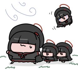  4girls beret black_hair black_hat black_serafuku blue_archive blunt_bangs chibi chibi_only commentary covered_eyes floating full_body hair_over_eyes halo hat highres justice_task_force_member_(blue_archive) long_hair multiple_girls outdoors outstretched_arms red_halo school_uniform serafuku sonwooang straight_hair sweatdrop tears very_long_hair walking wind 