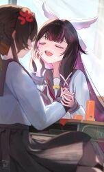  2girls absurdres alternate_costume anger_vein black_hair black_skirt brown_hair columbina_(genshin_impact) commentary_request desk facing_another food fork from_behind genshin_impact hand_up highres holding holding_fork indoors long_hair multiple_girls open_mouth purple_hair sandrone_(genshin_impact) sazanami_(re_n_rentaro) school_desk school_uniform shirt sitting skirt smile teeth upper_teeth_only white_shirt 