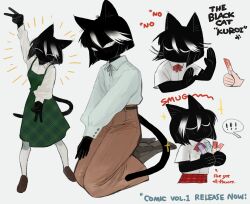  1girl absurdres akiko_(vakiko6) arm_up black_fur body_fur brown_pants cat_girl cat_tail closed_eyes english_commentary english_text food furry furry_female highres holding holding_food kamoku_dakedo_mechakucha_nori_no_ii_kuroneko-chan kuroi_kuroneko_(katsumata_hiroki) long_sleeves medium_hair multicolored_hair multiple_views narrowed_eyes pants red_skirt rejection school_uniform seiza shaking_head short_sleeves sitting skirt socks standing star_(symbol) streaked_hair tail white_socks white_streaks 