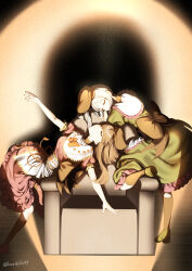  2girls apron back_bow black_socks bow bowtie brown_hair closed_eyes commentary_request dress green_dress green_shoes hat highres ishikawa_sparerib kneehighs multiple_girls nishida_satono pink_dress puffy_short_sleeves puffy_sleeves shadow shoes short_hair_with_long_locks short_sleeves socks tate_eboshi teireida_mai touhou twitter_username waist_apron white_apron 