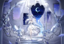  1girl absurdres blue_eyes blue_flower blue_hair blue_sky clouds cloudy_sky commentary_request dress flower full_body grey_sky highres holding holding_flower kotarou_(kot_mochi) leaf moon multicolored_hair ocean original rose shoes sky solo standing water white_dress white_hair white_shoes 