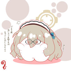  afterimage akane_(blue_archive) black-framed_eyewear blue_archive blush brown_hair chestnut_mouth chibi colored_shadow commentary_request eyes_visible_through_hair full_body glasses grey_eyes hair_over_eyes halo highres kurukurumagical parted_lips shadow solo standing translation_request v-shaped_eyebrows white_background 