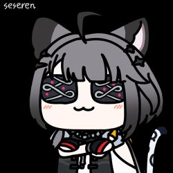  1girl :3 ahoge animal_ears animated animated_gif arknights arknights:_endfield artist_name cat_ears cat_tail closed_mouth commentary crossed_arms double_eyepatch grey_hair lowres seseren short_hair simple_background solo sticker_(medium) tail tangtang_(arknights) tiger_ears tiger_girl tiger_tail transparent_background 