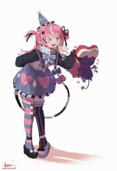  1girl applec arm_behind_back black_hair black_ribbon blue_bow bow box camila_(cami_3.0)_(vtuber) camila_(vtuber) cimp_(camila_(vtuber)) commentary commission english_commentary eyelashes facial_mark flying_sweatdrops hair_ribbon hat heart heart-shaped_box heart_print highres holding holding_box indie_virtual_youtuber long_hair long_sleeves mismatched_shoes mismatched_thighhighs multicolored_hair open_mouth party_hat pink_bow pink_hair pointy_ears purple_bow purple_hat ribbon second-party_source shadow signature simple_background smile standing streaked_hair striped_bow striped_tail tail tail_bow tail_ornament two_side_up violet_eyes virtual_youtuber white_background white_hair 