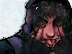  1boy :p black_eyes black_gloves black_hair black_nails close-up cry_of_fear fingerless_gloves gloves highres hood hood_up index_fingers_raised looking_at_viewer male_focus nekrozita portrait short_hair simon_henriksson solo tongue tongue_out 