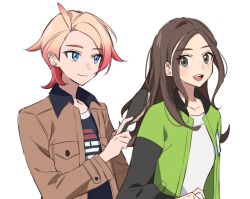  1boy 1girl alternate_hair_length alternate_hairstyle blue_eyes brown_eyes brown_hair brown_jacket brushing_hair closed_mouth commentary_request go_mi_111 hair_brush harmony_(pokemon) holding holding_hair_brush jacket korean_commentary long_hair long_sleeves open_clothes open_jacket open_mouth pink_hair pocket pokemon pokemon_legends:_z-a shirt simple_background smile urbain_(pokemon) white_background white_shirt 