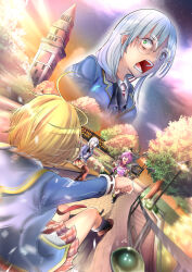  3girls ^^^ bench black_socks black_thighhighs blonde_hair blue_jacket brown_skirt clock clock_tower collared_shirt commentary_request dutch_angle flying glasses green_eyes grey_hair hair_between_eyes heaven_burns_red izumi_yuki_(heaven_burns_red) jacket kayamori_ruka kneehighs ksnkhka0410 long_hair long_sleeves looking_at_another looking_at_viewer matsuoka_chiroru miniskirt motion_blur multiple_girls narby_(heaven_burns_red) on_bench open_mouth outdoors park park_bench pink_hair plaid_clothes plaid_skirt pleated_skirt road round_eyewear running shaded_face shirt short_hair sitting skirt socks sunset surprised sweatdrop teeth thigh-highs tower tree v-shaped_eyebrows wide-eyed zettai_ryouiki zoom_layer 