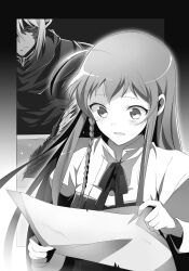  029 1boy 1girl ahoge alciel_(hataraku_maou-sama!) bow bowtie braid breasts cloak closed_mouth collared_shirt greyscale hair_between_eyes half-closed_eyes hataraku_maou-sama! highres holding holding_paper long_hair long_sidelocks long_sleeves monochrome novel_illustration official_art open_mouth paper pointy_ears reading shirt side_braid sidelocks small_breasts third-party_source yusa_emi 
