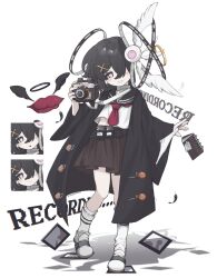 1girl bad_id bad_twitter_id black_hair black_sailor_collar black_skirt camera coat film_reel full_body hair_ornament hair_over_one_eye halo highres holding holding_camera kneehighs kuro_yagi_(usosakana) long_sleeves looking_at_viewer miniskirt notebook open_clothes open_coat original photo_(object) pink_eyes pleated_skirt sailor_collar school_uniform serafuku shirt shoes short_hair skirt smile socks solo standing white_background white_shirt white_shoes x_hair_ornament 