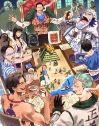  5girls 6+boys ^_^ absurdres anger_vein ascot back_tattoo bananawani_(one_piece) black_gloves black_hair blue_ascot blue_eyes blue_hair blunt_bangs bon_clay book buzz_cut chibi closed_eyes crocodile_(one_piece) cup daz_bones freckles galdino glasses gloves hair_slicked_back highres hook_hand jewelry medium_hair miss_goldenweek monkey_d._luffy mr._13_(one_piece) multiple_boys multiple_girls nami_(one_piece) necklace nefertari_vivi ngumngim nico_robin one_piece one_piece_(live_action) orange_vest pearl_necklace portgas_d._ace ring roronoa_zoro sanji_(one_piece) shirt short_hair sitting sleeveless sleeveless_shirt smile smoker_(one_piece) stitched_face stitches straw_hat_pirates striped_clothes striped_shirt sunglasses sweatdrop tashigi tattoo tony_tony_chopper topless_male trembling twitter_username usopp vertical-striped_clothes vertical-striped_shirt very_short_hair vest wapol 