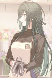  1girl black_sweater commentary_request flower gakuen_idolmaster green_eyes green_hair hair_flaps highres holding holding_watering_can idolmaster long_hair long_sleeves looking_ahead nozuchi_(artist) profile ribbed_sweater solo sweater tsukimura_temari very_long_hair watering_can 