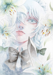  1girl black_bow black_bowtie bow bowtie braid collared_shirt colored_eyelashes commentary flower grey_eyes highres izayoi_sakuya johnalay lily_(flower) looking_at_viewer maid_headdress painting_(medium) parted_lips portrait shirt side_braid solo touhou traditional_media watercolor_(medium) white_eyelashes white_hair 
