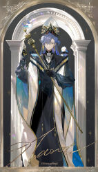  1boy :| absurdres animal_on_shoulder aoseagrass arch bird bird_on_shoulder black_gloves black_robe blue_cape blue_eyes blue_hair border cape chinese_commentary closed_mouth commentary_request copyright_notice full_body gloves grey_background hat highres holding holding_scepter long_hair looking_at_viewer male_focus mitre nijisanji official_art one_side_up ornate_border robe scepter solo sparkle standing virtual_youtuber virtuareal white_hat yog_(virtuareal) 