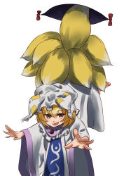  1girl :d absurdres barefoot blonde_hair blue_tabard commentary_request double-parted_bangs ears_under_headwear falling fox_girl fox_tail gap_(touhou) hair_between_eyes hat highres kanilevel kitsune kyuubi long_sleeves medium_hair mob_cap multiple_tails open_mouth outstretched_arms simple_background smile solo tabard tail touhou upside-down white_background white_hat white_sleeves wide_sleeves yakumo_ran 