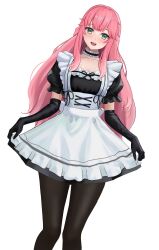 1girl absurdres aivy_lovencraft blush esteban_(estebaneishon) fanart gloves green_eyes highres indie_virtual_youtuber long_hair maid pink_hair smile solo spanish_commentary standing thigh-highs virtual_youtuber vtuber vtuberfanart white_background