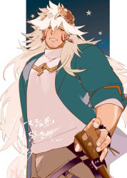  1boy blue_jacket commentary_request earrings facial_hair facial_mark fingernails goatee_stubble grey_pants hair_between_eyes hair_ornament jacket jewelry long_hair looking_at_viewer male_focus nanaisan_(713) orange_eyes pants parted_lips shamash_(housamo) shirt solo star_(symbol) stubble sweater tokyo_afterschool_summoners very_long_hair white_hair white_shirt 