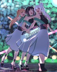  3girls :d ^_^ bare_shoulders black_boots black_shoes blonde_hair blurry blurry_background boots breasts cho_kaguya-hime! closed_eyes dress full_body green_eyes hair_bun highres instrument kaguya_(cho_kaguya-hime!) keytar long_hair medium_breasts medium_dress medium_hair multicolored_hair multiple_girls open_mouth orange_streaks ponytail purple_hair runami_yachiyo sakai_animeta sakayori_iroha shoes side_ponytail single_hair_bun sleeveless sleeveless_dress smile streaked_hair thick_eyebrows tiptoes white_dress white_hair 