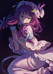  1girl absurdres alt_text book closed_mouth crescent crescent_hat_ornament dark_background dress english_commentary expressionless from_side hair_ribbon hat hat_ornament highres himuhino holding holding_book long_hair mob_cap patchouli_knowledge pink_dress pink_robe purple_hair ribbon robe solo touhou violet_eyes 