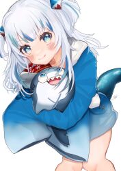  1girl animal_hug bloop_(gawr_gura) blue_eyes blue_hair blue_hoodie blunt_bangs blush child closed_mouth commentary_request cowboy_shot fins fish_tail gawr_gura gawr_gura_(1st_costume) gradient_hoodie hair_ornament highres hololive hololive_english hood hood_down hoodie knees_together_feet_apart leaning_forward looking_at_another looking_at_viewer looking_up multicolored_hair shark_girl shark_hair_ornament shark_tail signature simple_background sleeves_past_fingers sleeves_past_wrists smile solo streaked_hair tail two-tone_hair two-tone_hoodie two_side_up uchisaki_himari virtual_youtuber white_background white_hair white_hoodie 