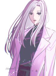  1girl black_eyes black_shirt coat high_collar highres lee_seolhwa light_particles long_hair looking_at_viewer ochanomuu omniscient_reader's_viewpoint parted_lips shirt simple_background solo straight_hair upper_body white_background white_coat white_hair wind wind_lift 