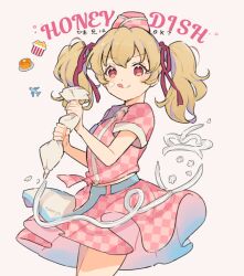  1girl aikatsu! aikatsu!_(series) aircraft airplane blonde_hair commentary_request cowboy_shot cream cream_on_face dress food food_on_face hat holding holding_pastry_bag hoshimiya_ichigo long_hair looking_at_viewer midoriya_(kappa1117) mini_hat pancake pancake_stack pastry_bag pink_dress pink_hat popcorn red_eyes short_sleeves smile solo standing twintails 