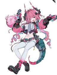  1girl :d arknights arknights:_endfield artzy_tyrannical_(arknights) black_boots black_horns boots breasts crop_top dragon_girl dragon_horns dragon_tail drill_hair full_body gloves hair_intakes hair_ornament hairpin highres horns large_breasts large_tail multicolored_gloves multicolored_horns navel pants pink_hair pink_horns pink_sleeves robot simple_background smile stomach tail tail_pouch tail_strap twin_drills two-sided_gloves two-tone_gloves two-tone_horns uni_gyoza white_background white_pants yvonne_(arknights) 