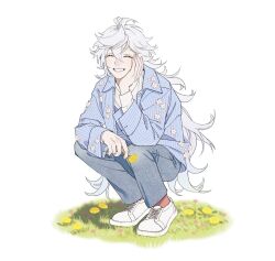  1boy blue_jacket blue_pants closed_eyes fate/grand_order fate_(series) flower grass grin highres holding holding_flower jacket long_hair long_sleeves merlin_(fate) pants pink_flower pink_socks shirt shoes smile socks solo someno_iki squatting striped_clothes striped_jacket striped_vest vertical-striped_clothes vertical-striped_jacket vertical-striped_vest vest wavy_hair white_background white_hair white_shirt white_shoes yellow_flower 