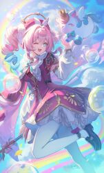  1girl absurdres air_bubble aqua_bow aqua_bowtie aqua_eyes aqua_hair black_shoes blue_sky bow bowtie bubble clouds cloudy_sky dress drill_hair hand_up hashtag-only_commentary hayun highres holding holding_staff honkai:_star_rail honkai_(series) hyacine_(honkai:_star_rail) layered_dress little_ica_(honkai:_star_rail) loafers looking_at_another medium_hair multicolored_hair one_eye_closed pantyhose pink_hair rainbow red_dress shoes sky smile staff standing standing_on_one_leg twin_drills twintails white_pantyhose 