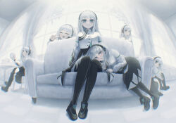  6+girls braid cevio closed_eyes commentary_request couch haru_(cevio) headphones highres jacket kamitsubaki_studio long_bangs long_hair long_sleeves looking_at_viewer multiple_girls onsoku_samurai open_mouth side_braid sitting skirt smile standing straight_hair v white_hair white_jacket 