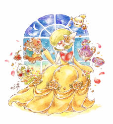  1boy 2girls @_@ adapted_costume animal_ears arm_at_side artist_name ascot bare_shoulders basket bear_boy bear_ears bear_tail beauty_and_the_beast_(disney) black_bow black_bowtie bloodmoon_ursaluna blue_background blue_jacket blush bob_cut body_fur bottomless bow bowtie brown_eyes brown_fur chibi chibi_inset closed_eyes closed_mouth clothed_pokemon colored_skin commentary_request crescent_moon cup dancing dress elbow_gloves floating flower furry furry_male gardevoir gloves green_hair hair_flower hair_ornament hair_over_one_eye hand_up happy highres holding holding_basket holding_hands indoors jacket litwick long_dress mega_gardevoir mega_pokemon monster_girl moon multiple_girls night one_eye_covered open_clothes open_jacket painting_(medium) petals plant_girl pokemon polteageist red_eyes red_flower red_rose rose roselia_(pokemon) shirt short_hair short_tail signature sinistea smile solid_oval_eyes standing strapless strapless_dress tail teacup teapot terrarium thorns traditional_bowtie traditional_media u_u ursaluna watercolor_(medium) white_ascot white_skin window yellow_dress yellow_eyes yellow_flower yellow_gloves yellow_shirt yukichi_0611 