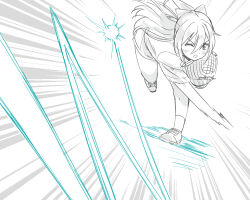  1girl ;o blush bow commentary_request dorabase:_doraemon_chouyakyuu_gaiden doraemon emphasis_lines full_body greyscale hair_bow half_updo long_hair looking_at_viewer love_live! love_live!_nijigasaki_high_school_idol_club monochrome one_eye_closed osaka_shizuku parody pitching shoes short_sleeves shorts simple_background skt_(ryxxxxx) socks solo spot_color v-shaped_eyebrows white_background 