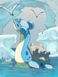  absurdres animal_focus bird commentary_request fangs highres horns iceberg lapras nene_(neneneno_nenene) no_humans ocean outdoors pokemon pokemon_(creature) pokemon_focus seal_(animal) shell single_horn spheal water wingull 