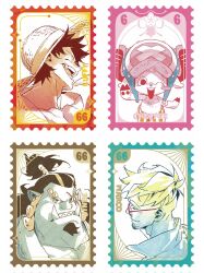  4boys ^_^ antlers blush_stickers closed_eyes commentary cross facial_hair glasses goatee half_updo hat highres horns jinbe_(one_piece) kithwith_(kith_0121) male_focus marco_(one_piece) monkey_d._luffy multiple_boys one_eye_closed one_piece open_mouth postage_stamp reindeer_antlers short_hair smile straw_hat tony_tony_chopper tusks 