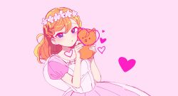  1girl 4ding animalization blush commentary_request costume_request dolce_(love_live!) dress flower flower_wreath heart heart-shaped_hair highres holding holding_stuffed_toy kawaii_kaiwai korean_commentary looking_at_viewer love_live! love_live!_superstar!! orange_hair person_and_animalization pink_background pink_dress pink_flower puffy_short_sleeves puffy_sleeves shibuya_kanon short_sleeves simple_background solo stuffed_owl stuffed_toy upper_body violet_eyes 