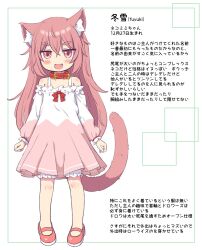  1girl :d animal_ear_fluff animal_ears bare_shoulders bloomers cat_ears cat_girl cat_tail character_profile collar commentary_request dress fang frilled_dress frills full_body highres long_hair long_sleeves looking_at_viewer mary_janes original pink_dress pink_shoes red_collar shoes simple_background smile solo tail thick_eyebrows translation_request two-tone_dress v-shaped_eyebrows white_background white_bloomers white_dress yukihira_natsuki 