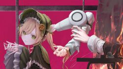  2girls absurdres blonde_hair bonnet capelet commentary_request derivative_work disembodied_hand drying drying_another's_hair drying_hair fire green_bonnet green_capelet green_eyes hair_dryer highres holding holding_hair_dryer lolita_fashion long_hair long_sleeves looking_at_viewer mahou_shoujo_no_majo_saiban multiple_girls own_hands_together parody parted_lips purple_background shousake solo_focus spoilers tachibana_sherry tono_hanna twintails upper_body zuutto_issho_(kitani_tatsuya) 