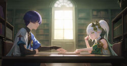  1boy 1girl absurdres arm_rest armlet black_bodysuit black_bridal_gauntlets blue_cape blue_gem blue_kimono blue_sleeves blunt_ends bodysuit book book_stack bookshelf bridal_gauntlets cape chair clenched_hand closed_eyes colored_tips commentary_request cross-shaped_pupils detached_sleeves dress facing_another from_side furisode gem genshin_impact gold_trim green_cape green_eyes green_hair green_pupils green_sleeves hair_ornament hand_up heart heart_hair_ornament highres holding holding_paper holding_pen indoors japanese_clothes jewelry juban kimono layered_sleeves library long_hair looking_at_another mandarin_collar multicolored_hair nahida_(genshin_impact) open_clothes open_hand open_kimono open_mouth outstretched_arms paper pen pointy_ears pom_pom_(clothes) profile purple_hair purple_rope rope scaramouche_(genshin_impact) short_sleeves side_cape side_ponytail sidelocks sideways_mouth sitting sunlight symbol-shaped_pupils table vision_(genshin_impact) wanderer_(genshin_impact) white_dress white_hair white_kimono white_sleeves white_trim window wispy_bangs yitaiyi 