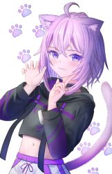  1girl ahoge animal_collar animal_ear_fluff animal_ears black_collar black_hoodie blush breasts cat_ears cat_girl cat_tail closed_mouth collar commentary_request cropped_hoodie food food_print hair_between_eyes highres hololive hood hood_down hoodie long_sleeves looking_at_viewer nekomata_okayu nekomata_okayu_(1st_costume) onigiri onigiri_print pokey_(mikeneko3204) purple_hair shirt short_hair smile solo tail upper_body violet_eyes virtual_youtuber 