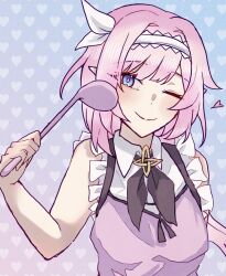  1girl ;) apron blue_eyes breasts commentary_request elf elysia_(golden_courtyard)_(honkai_impact) elysia_(honkai_impact) gift_art h3_hk hairband highres holding holding_ladle honkai_(series) honkai_impact_3rd ladle large_breasts long_hair official_alternate_costume one_eye_closed pink_apron pink_hair pointy_ears shirt simple_background smile solo textless_version very_long_hair white_hairband white_shirt 