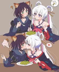  2girls absurdres animal_ears blue_eyes blue_hair blue_hoodie blue_kimono blush cho_kaguya-hime! colored_inner_hair commentary food fork fox_ears fox_girl green_eyes hair_rings hashtag-only_commentary highres holding holding_fork hood hood_down hoodie japanese_clothes kimono kiss krill55 long_hair medium_hair multicolored_hair multiple_girls off_shoulder pasta pink_hair runami_yachiyo sakayori_iroha shared_food spaghetti twintails untranslatable_commentary white_hair yuri 