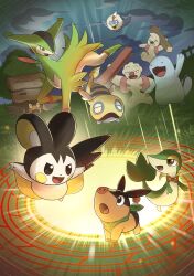  ^_^ absurdres arm_up bandana bandana_around_neck bow bowtie brown_eyes closed_eyes clouds commentary_request crustyle dunsparce emolga fence flying glowiing glowing grass green_bandana gurdurr highres holding open_mouth outdoors pokemon pokemon_(creature) pokemon_focus pokemon_mystery_dungeon pokemon_mystery_dungeon:_gates_to_infinity quagsire red_bow red_bowtie red_eyes rufflet sky smile snivy steal_beam teeth tepig timburr tree v-shaped_eyes virizion yamaori_(hakkentai_pokedan) 