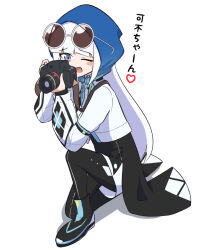  1girl black-framed_eyewear camera commentary_request eyewear_on_head glasses haru_(cevio) highres long_hair misho39 one_eye_closed open_mouth round_eyewear straight_hair white_background white_hair 