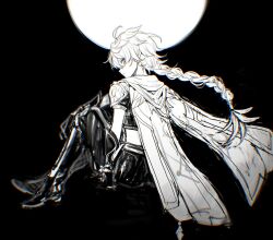  1boy aether_(genshin_impact) ahoge arm_armor armor baggy_pants belt boots braid chromatic_aberration closed_mouth commentary_request floating_hair from_side full_body full_moon genshin_impact gloves hair_between_eyes hair_ornament hair_ribbon hair_tubes highres long_hair looking_at_viewer low-braided_long_hair low-tied_long_hair male_focus midriff monochrome moon pants ribbon scarf shirt short_sleeves shoulder_armor simple_background single_braid single_hair_tube sitting solo yukinotihare 