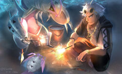  1boy asymmetrical_eyewear beach black_jacket black_pants bucket bucket_of_water bug claws eyewear_on_head fireworks golisopod guzma_(pokemon) highres holding holding_fireworks hood hooded_jacket jacket nmlm_16 open_mouth outdoors pants pokemon pokemon_(creature) shirt short_hair short_sleeves smile sunglasses watch watch white_hair white_shirt wimpod yellow-framed_eyewear 