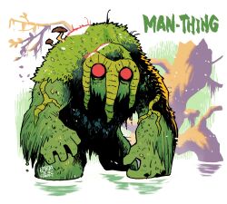  1boy beak character_name colored_skin commentary_request creature flower forest grass green_hood green_skin highres jungle man-thing marvel monster nature rariatto_(ganguri) red_eyes solo swamp_monster wetland 