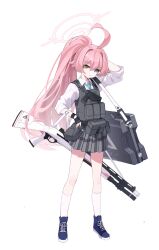  1girl ahoge aqua_necktie arm_behind_head arm_up assault_rifle black_gloves blue_archive blue_eyes blue_shoes bulletproof_vest closed_mouth commentary_request fingerless_gloves full_body gloves grey_skirt gun hair_intakes halo heterochromia highres holster hoshino_(armed)_(blue_archive) hoshino_(blue_archive) huge_ahoge imro_0000 kneehighs long_hair looking_at_viewer necktie official_alternate_costume pink_hair pink_halo plaid_clothes plaid_skirt ponytail rifle shirt shoes sidelocks simple_background skirt sneakers socks solo tachi-e very_long_hair weapon weapon_request white_background white_shirt white_socks yellow_eyes 