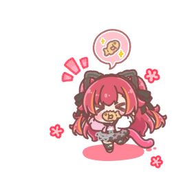  >_< 1girl :3 animal_ears black_skirt blush_stickers brown_hair chibi closed_eyes closed_mouth colored_shadow commentary_request food food_in_mouth highres jacket long_hair long_sleeves mitarashi_neko mouth_hold multicolored_hair nekota_tsuna notice_lines outstretched_arms pink_jacket puffy_long_sleeves puffy_sleeves red_hair shadow simple_background skirt sleeves_past_wrists solo spoken_food spread_arms standing standing_on_one_leg streaked_hair tail taiyaki two_side_up very_long_hair virtual_youtuber vspo! wagashi white_background white_jacket 