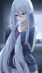  1girl absurdres blue_eyes blue_jacket blurry blurry_background blush bunching_hair collarbone commentary_request cowboy_shot desk grey_hair grey_shorts hair_between_eyes hair_over_shoulder hands_up highres holding holding_own_hair indoors jacket kunizaki long_bangs long_hair long_hair_between_eyes long_sidelocks long_sleeves looking_down monitor open_clothes open_jacket parted_lips partial_commentary project_sekai purple_shirt screen_light shirt shorts sidelocks solo standing track_jacket very_long_hair yoisaki_kanade 